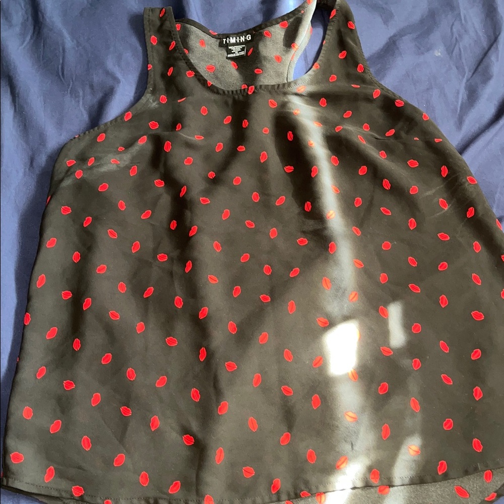 Timing Black Top with Red Lip Print